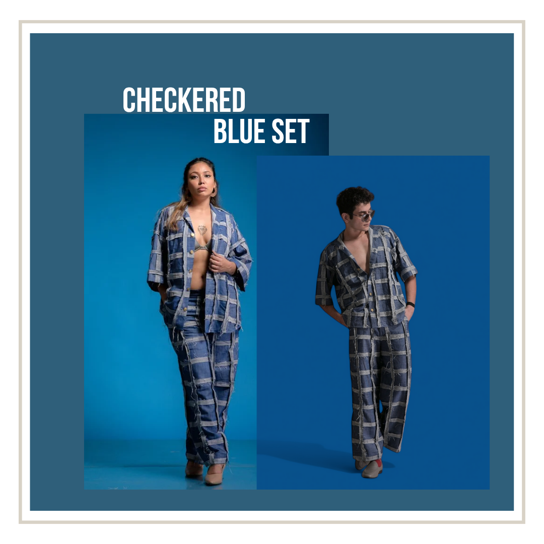 Blue Denim Unisex Checkered Co-ord Set