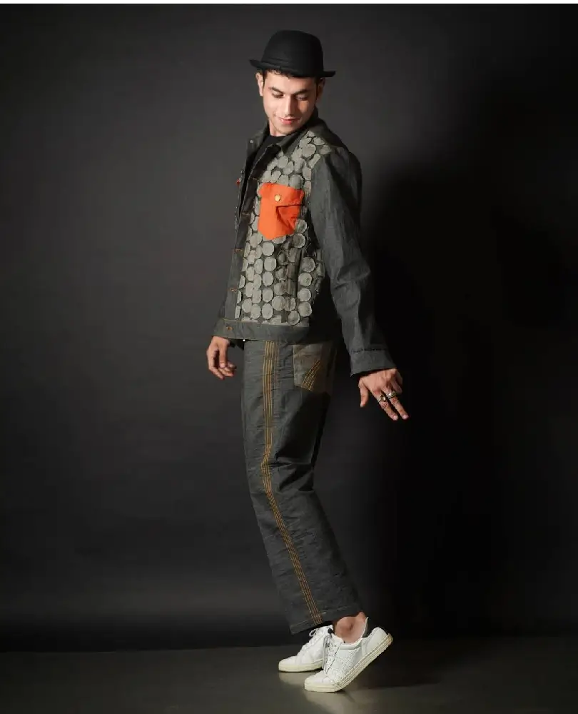 Denim Circles and Orange Pocket Jacket