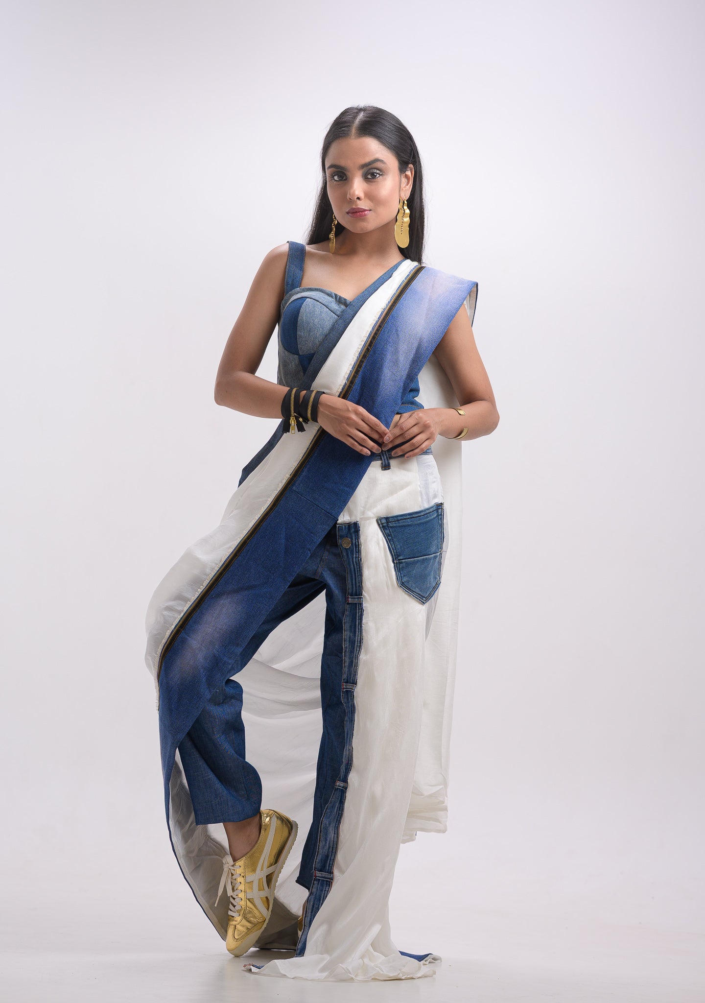 Denim White Ready to Wear Pant Saree