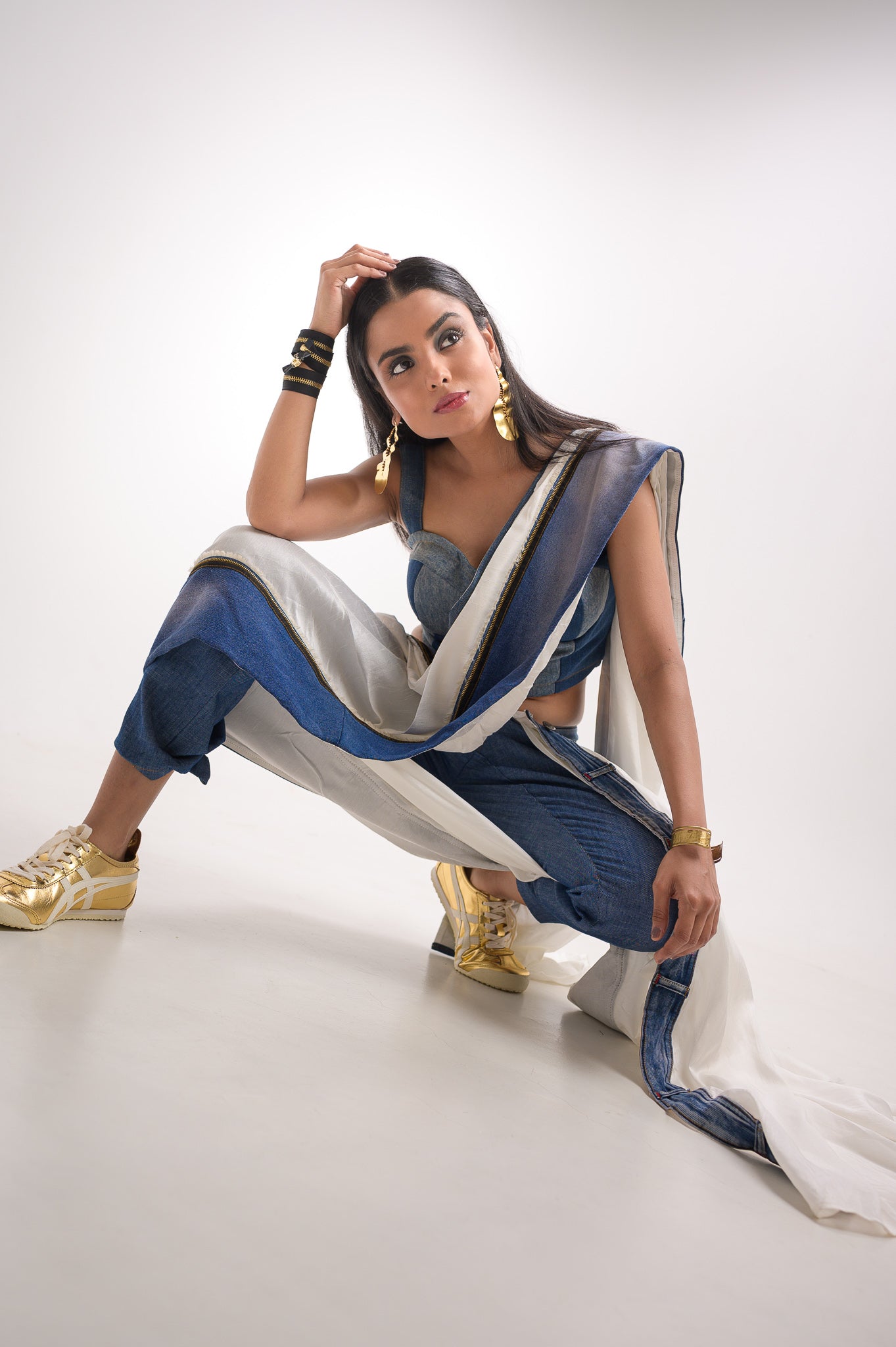 Denim White Ready to Wear Pant Saree