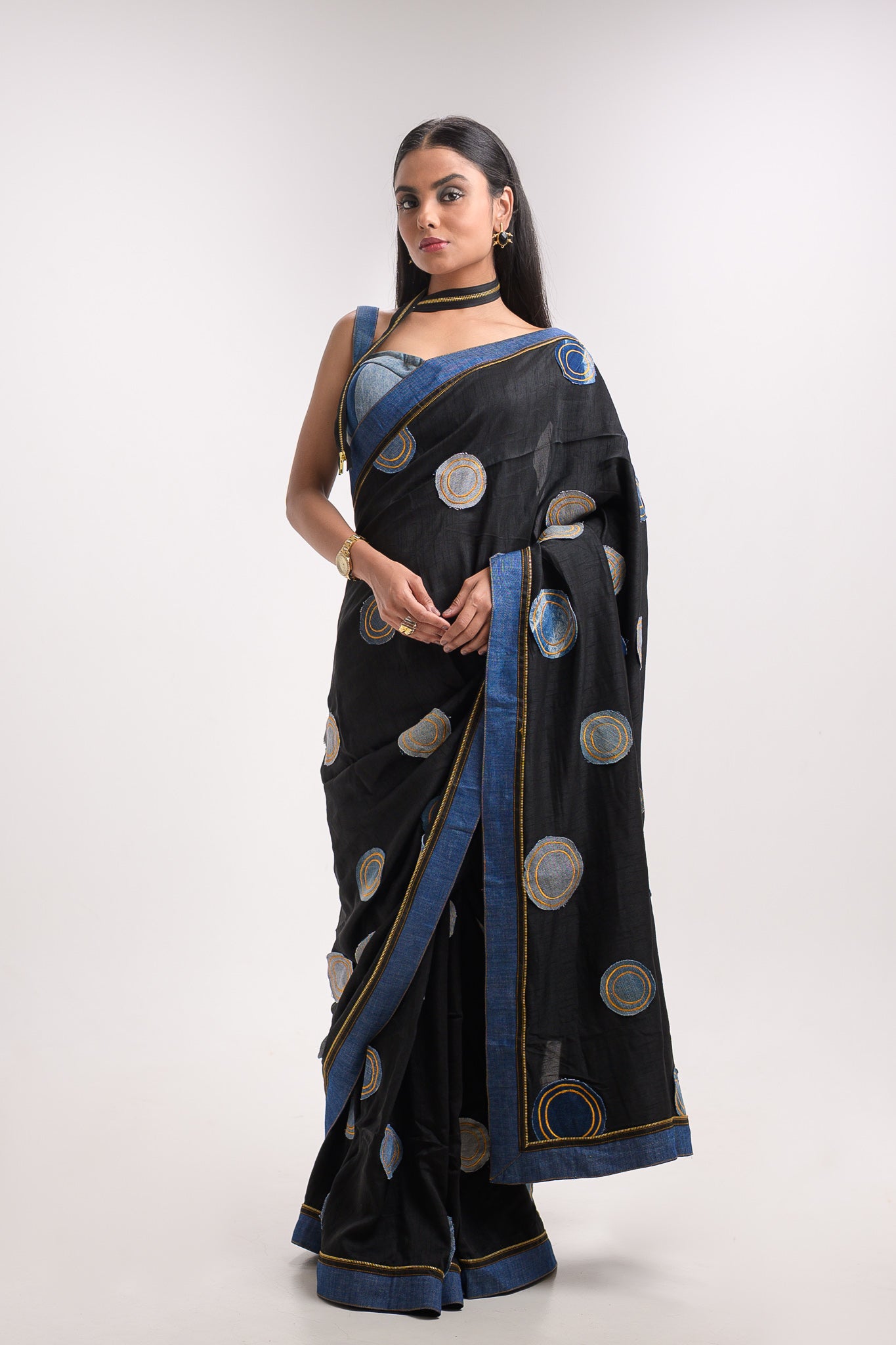 Denim Polka Black Saree