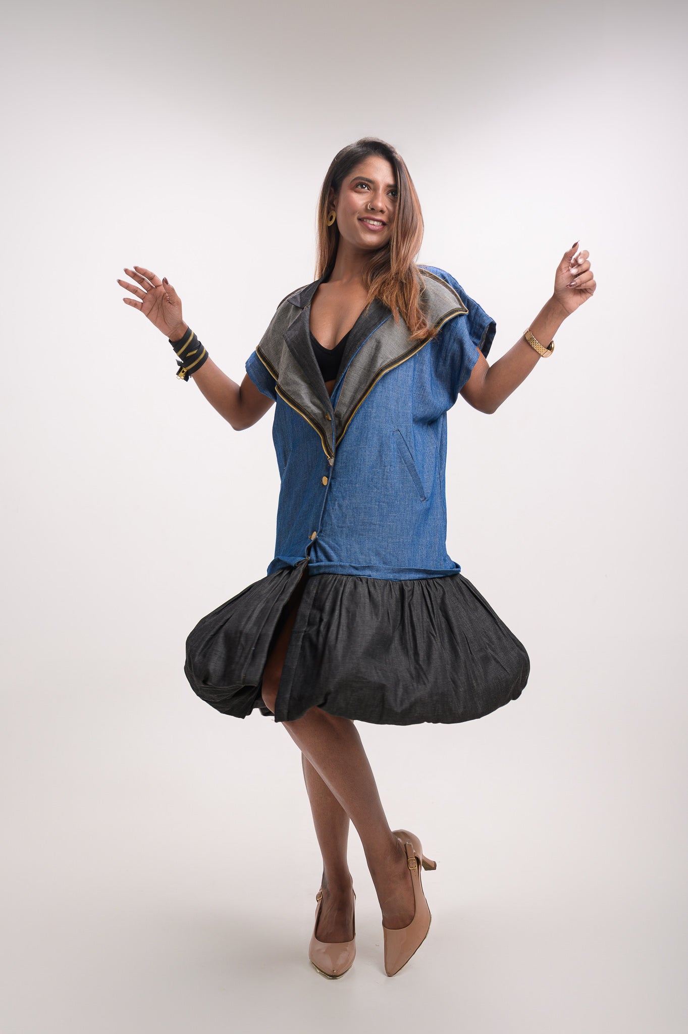 Denim Blazer Collar Balloon hem dress