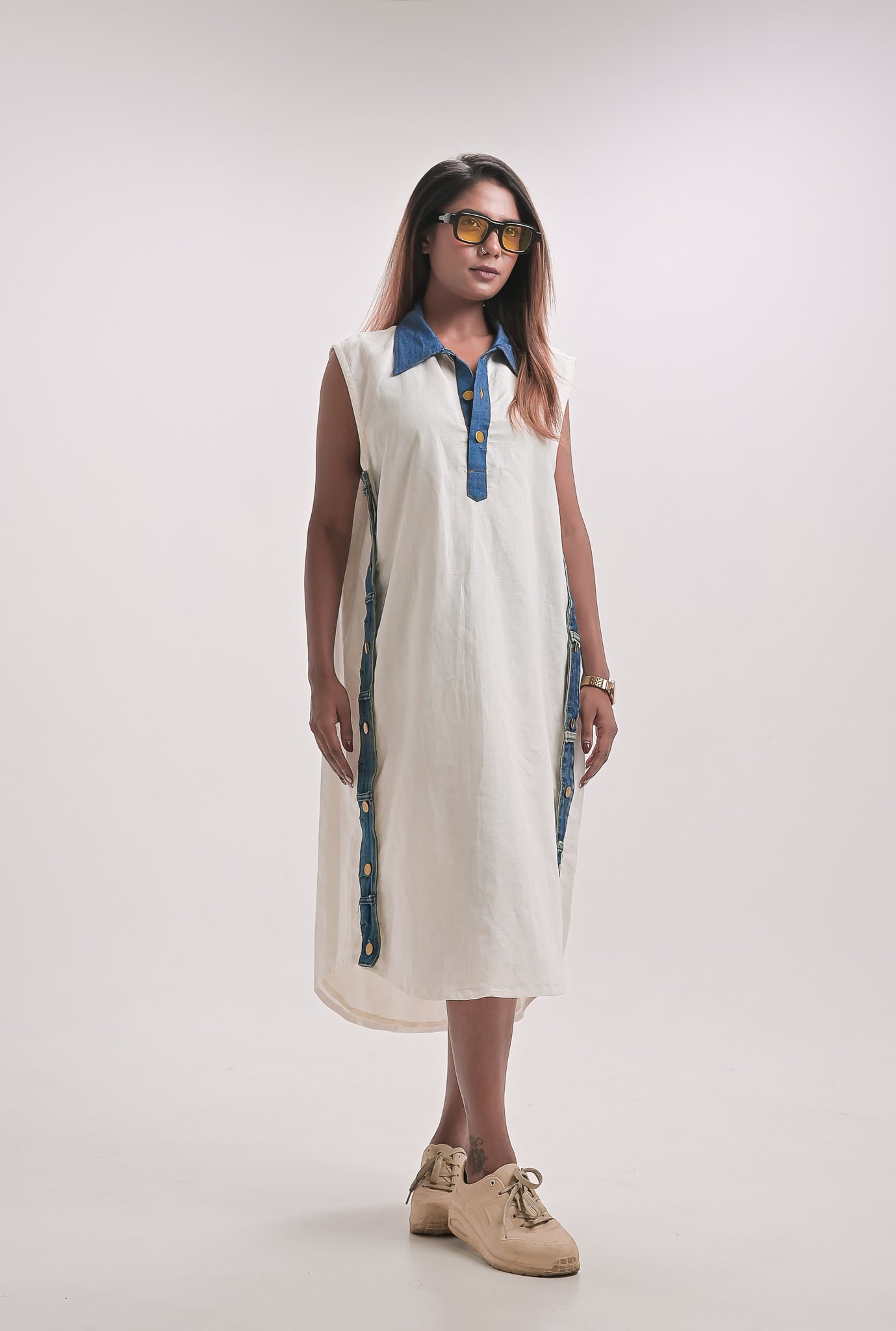 Sleeveless Denim Trim Midi Dress
