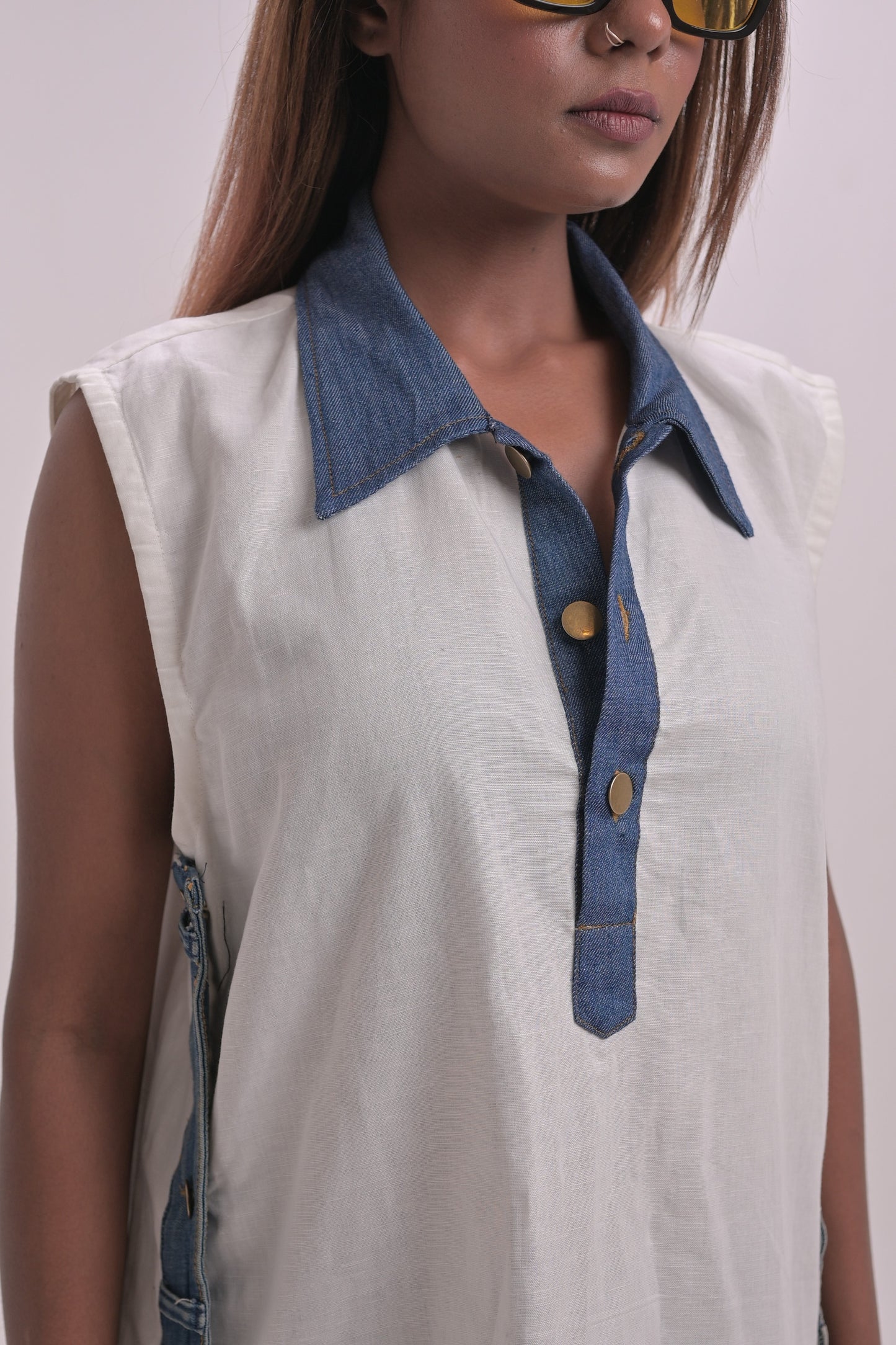 Sleeveless Denim Trim Midi Dress