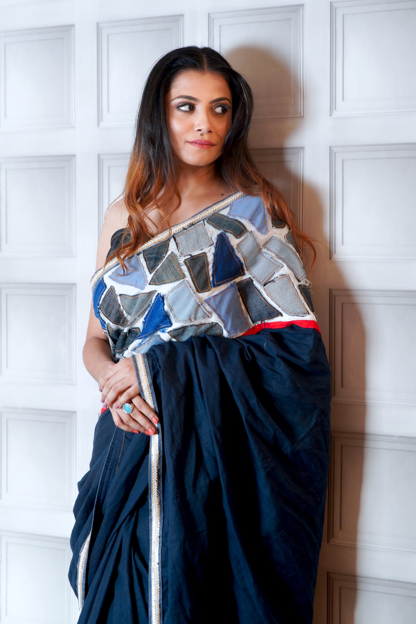 Geometric Pattern Denim Patch Saree
