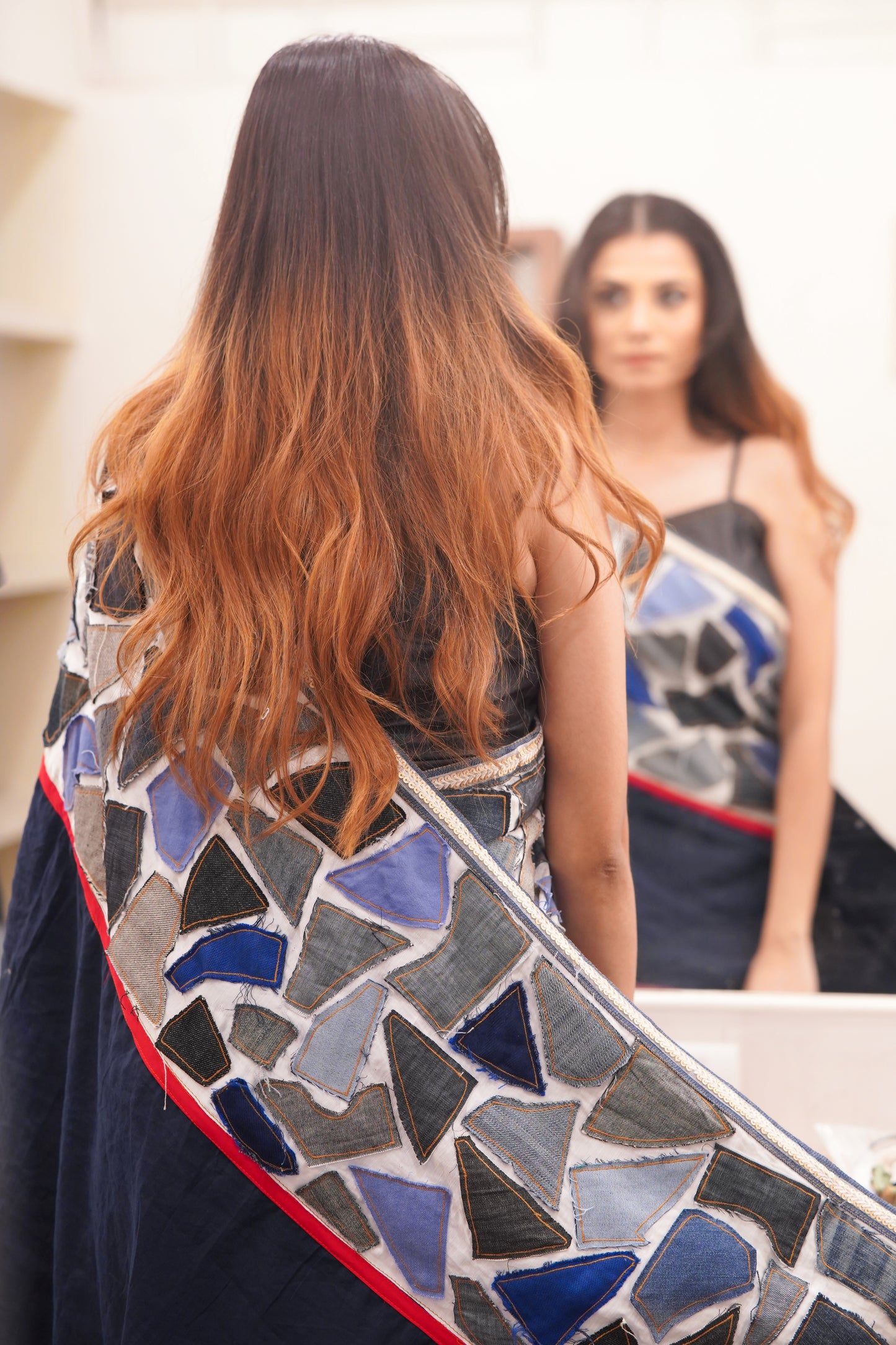 Geometric Pattern Denim Patch Saree