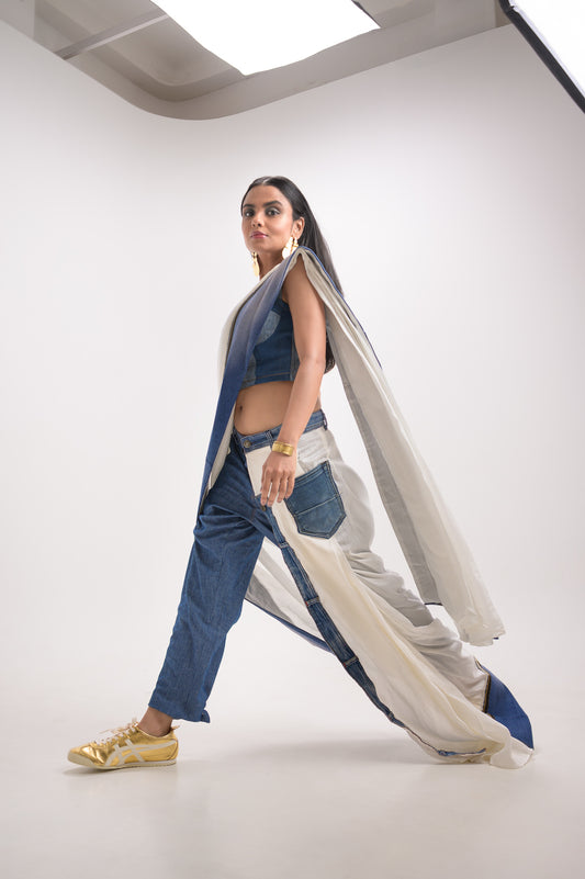 Denim White  Ready to Wear Pant Saree
