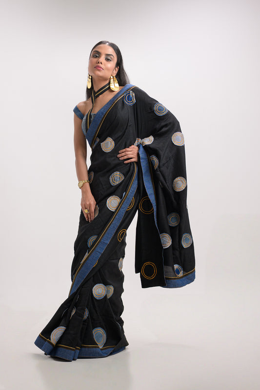 Denim  Polka Black Saree