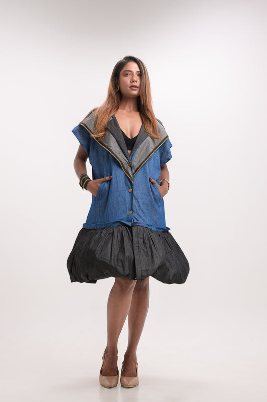 Denim Blazer Collar Balloon hem dress