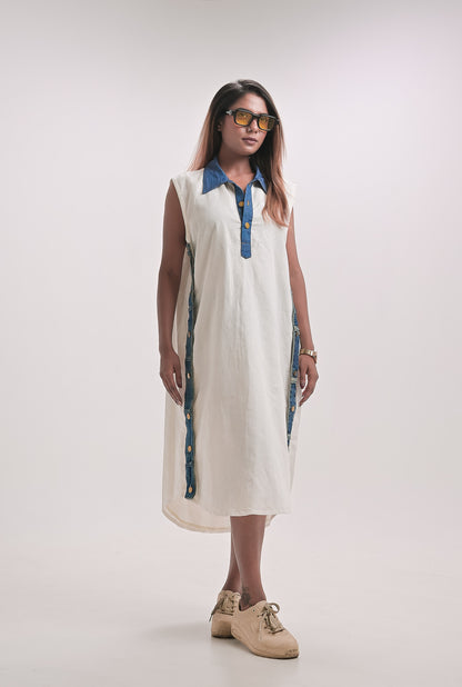 Sleeveless Denim Trim Midi Dress
