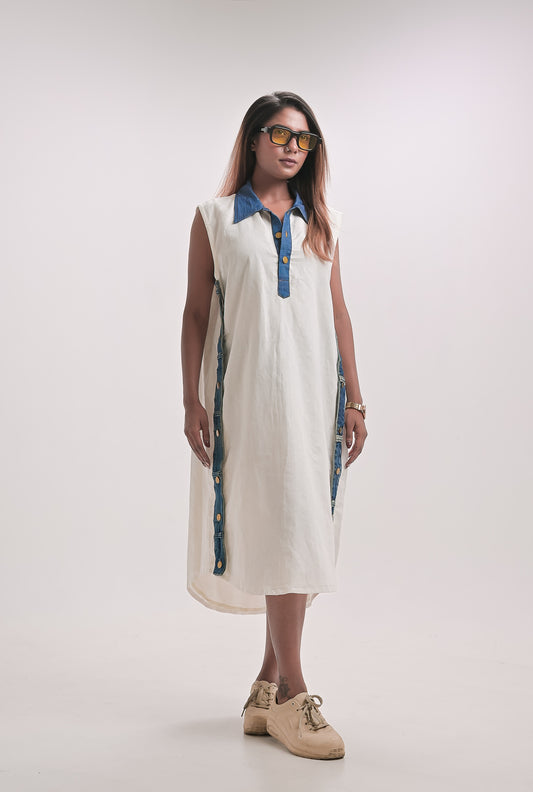 Sleeveless Denim Trim Midi Dress