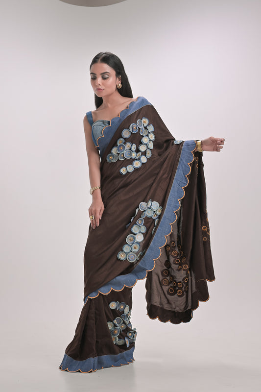 Denim  Circles Brown Saree