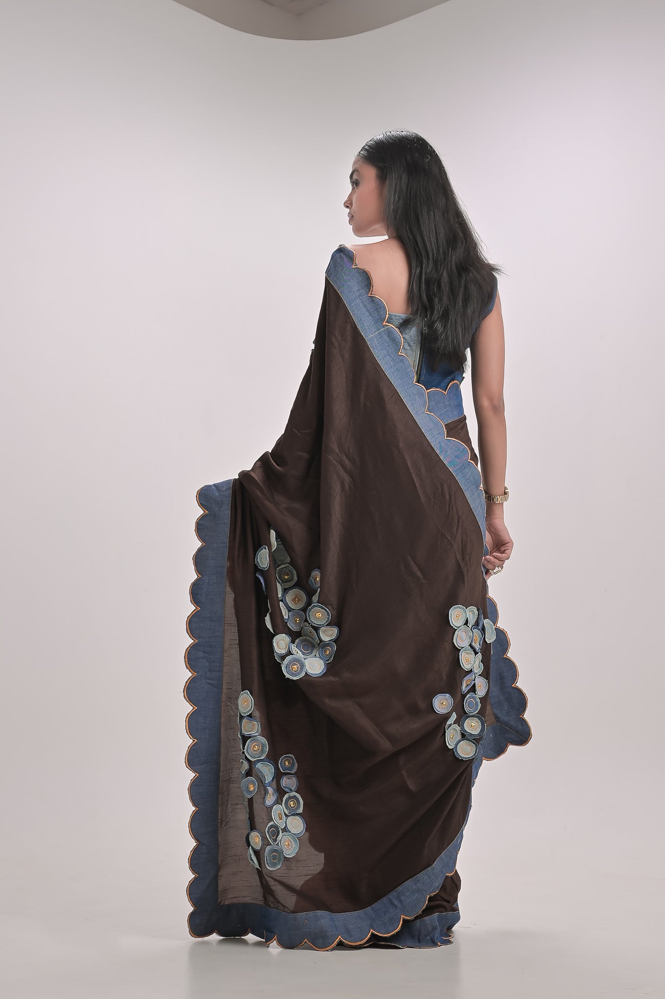 Denim  Circles Brown Saree