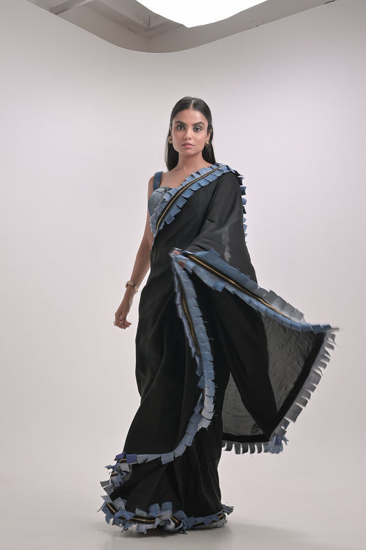 Denim Fringe border Black Saree