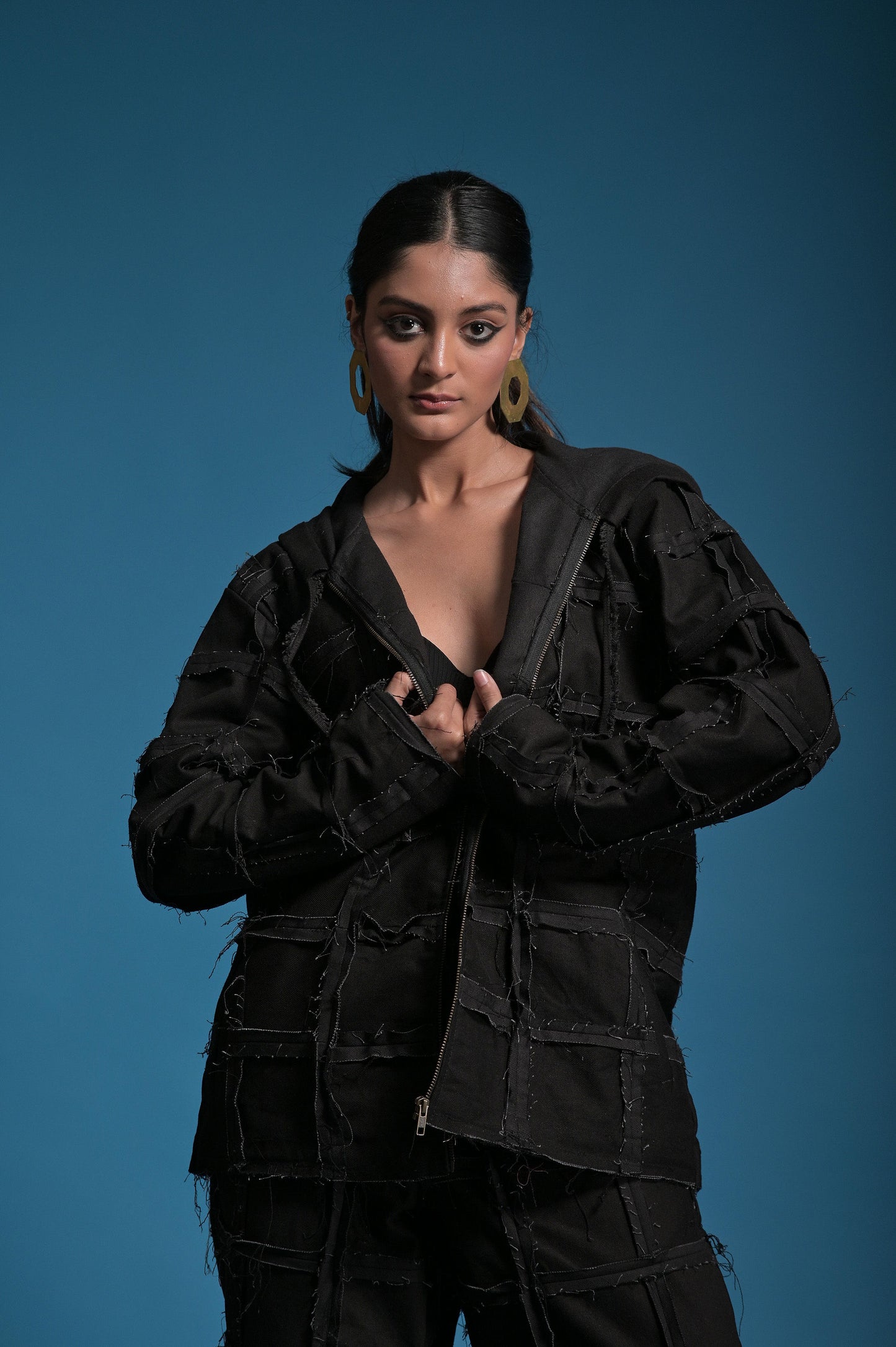 Black Denim Checkered Hoody style Jacket